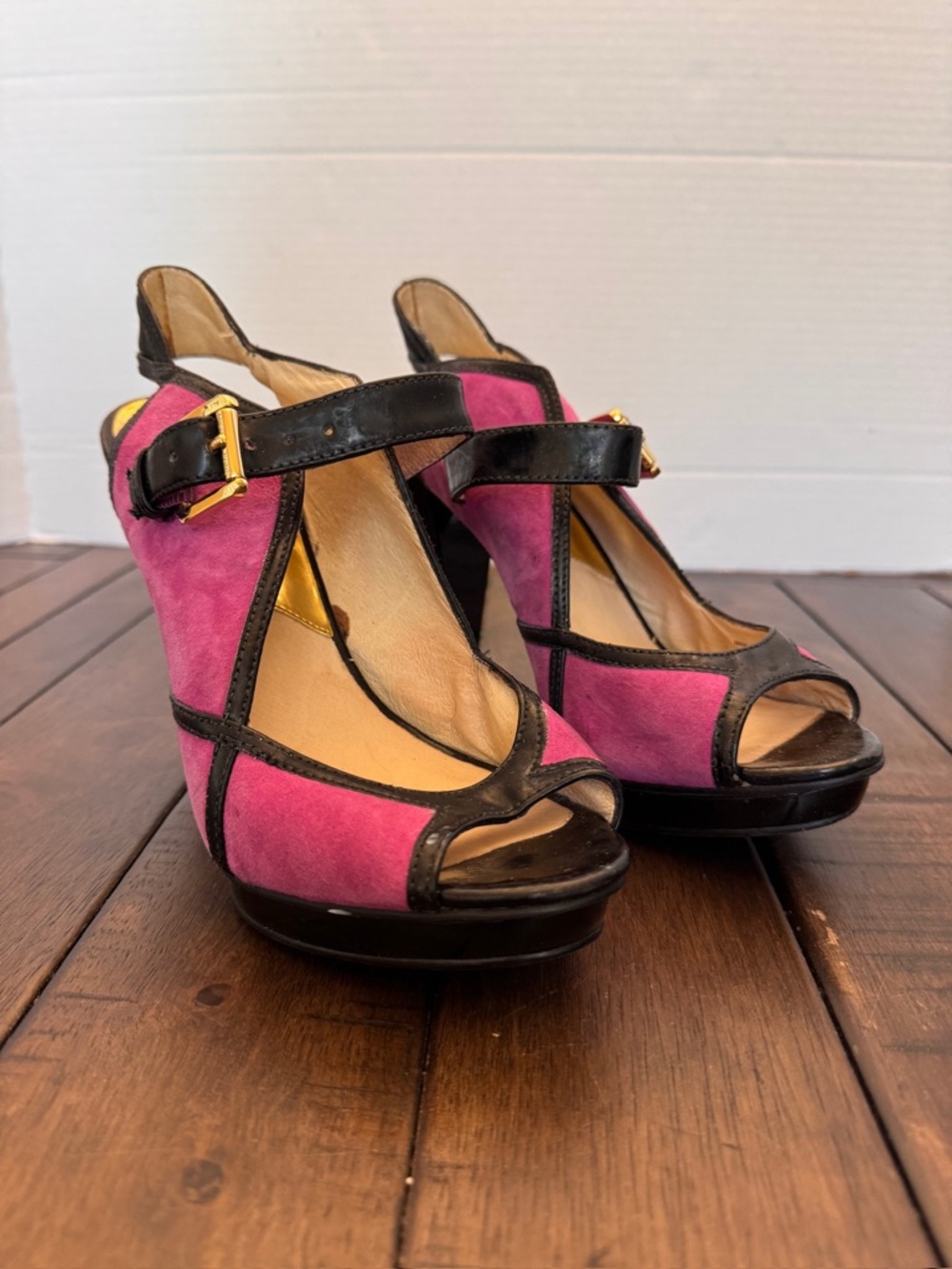 MICHAEL KORS Purple Suede Black Patent Leather Cut-Out Peep-toe Pumps Size 6.5